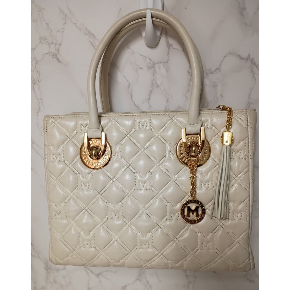 METROCITY Ivory Quilted Leather Tote Bag with Tassel - EUC